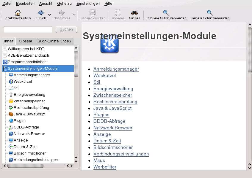 Hauptfenster des KDE-Hilfezentrums