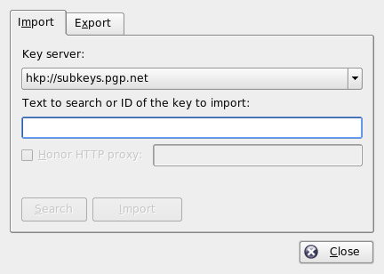 Search Screen for Importing a Key