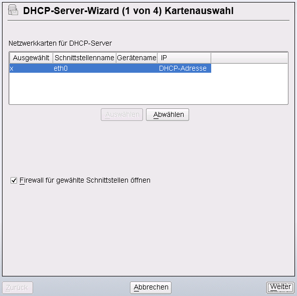 DHCP-Server: Kartenauswahl