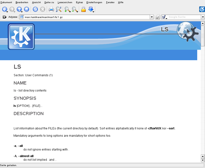 Anzeigen einer man-Seite mit Konqueror
