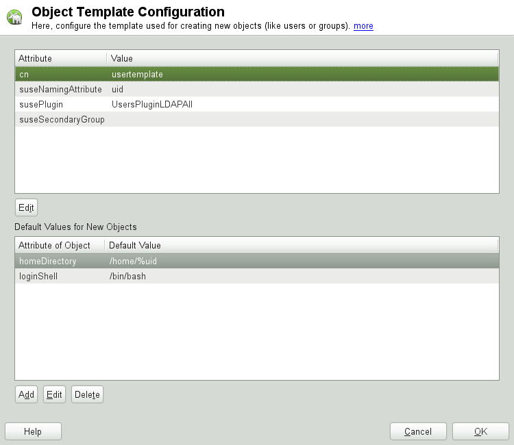 YaST: Configuration of an Object Template