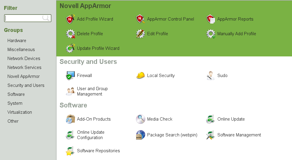 YaST's main controls for AppArmor