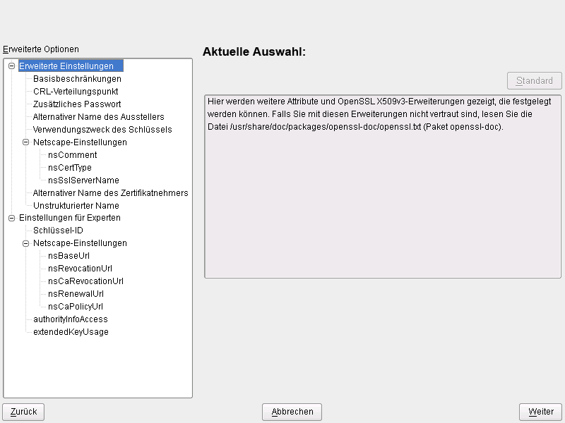 YaST-CA-Modul: Erweiterte Einstellungen