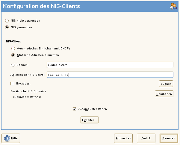 Festlegen der Domne und Adresse eines NIS-Servers