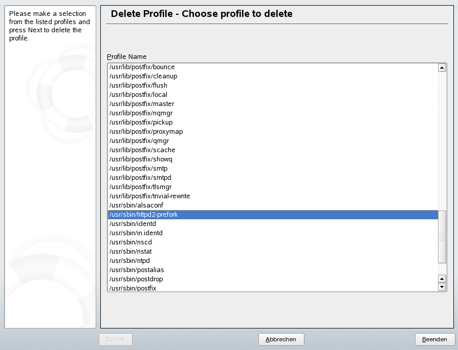 Delete profile, choose profile to delete (Profil lschen — Profil auswhlen)