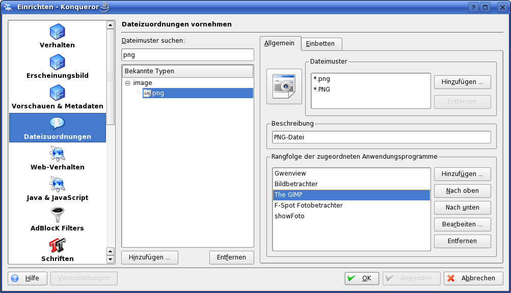 Konfigurieren der Dateizuordnungen in Konqueror
