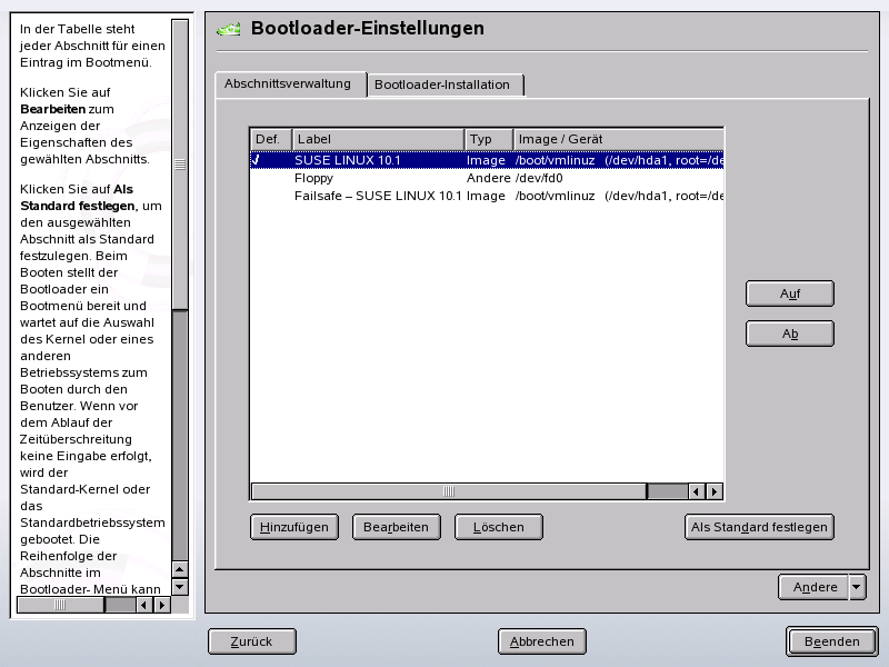 Konfigurieren des Bootloaders mit YaST