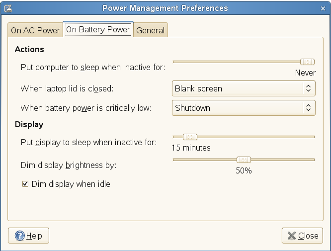 GNOME Power Manager On Battery Power Preferences