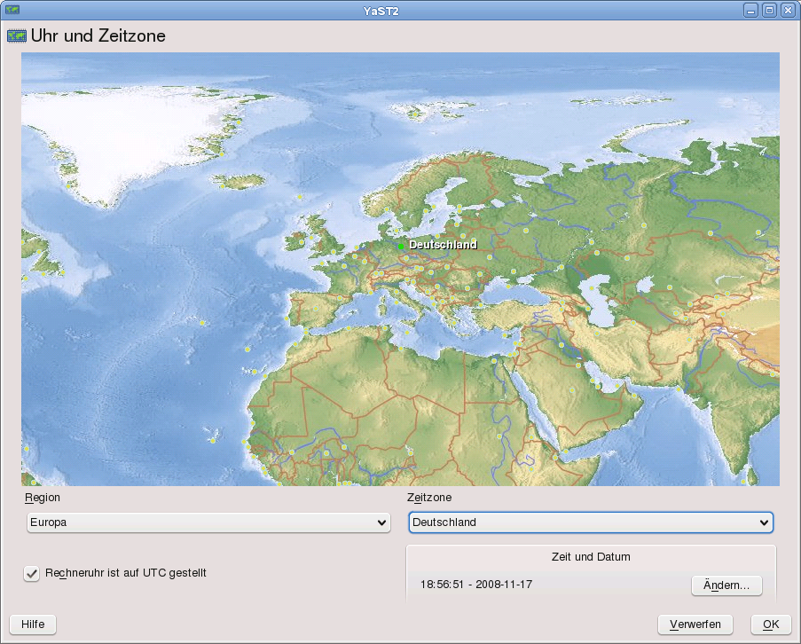 Festlegen von Land und Uhrzeit