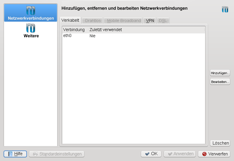 KDE-Umgebung – Dialogfeld "Netzwerkkonfiguration"