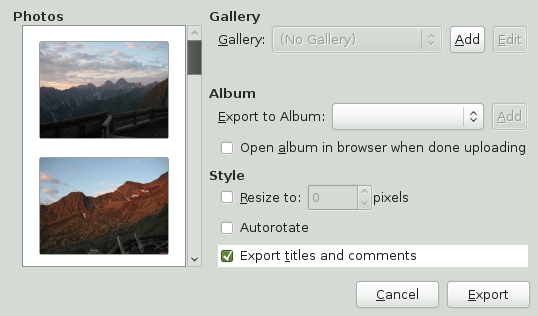 Export to Web Gallery dialog box