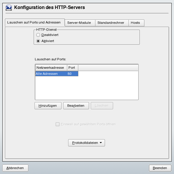 Konfiguration des HTTP-Servers: berwachen von Ports und Adressen
