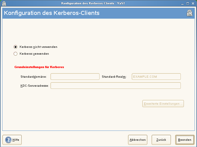YaST: Grundlegende Konfiguration von Kerberos-Clients
