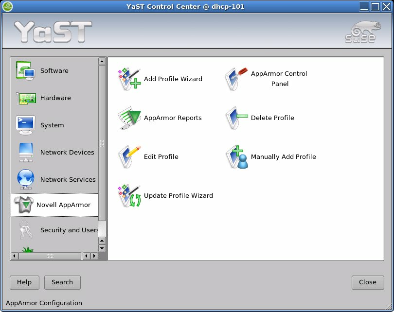 YaST's main controls for AppArmor
