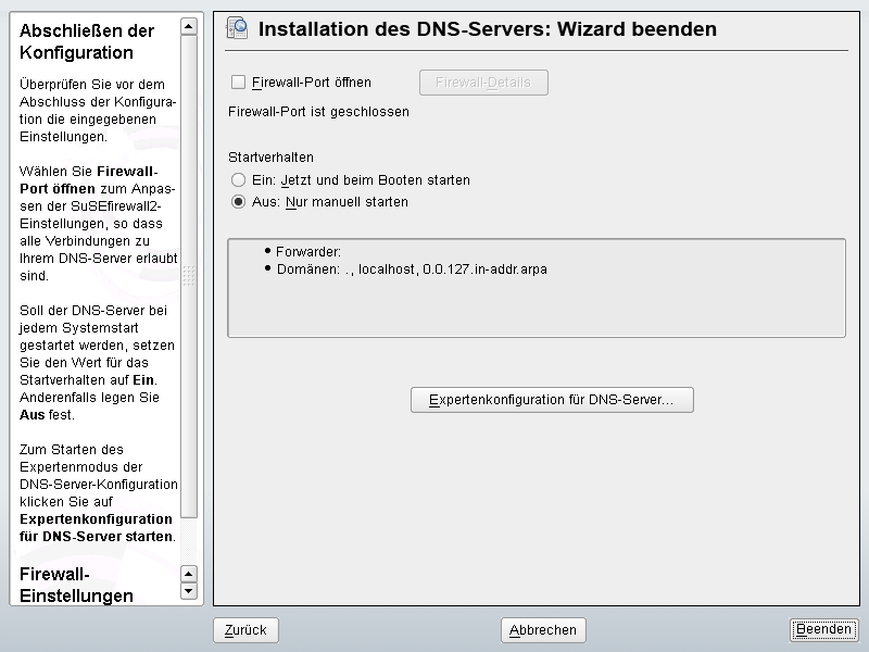 DNS-Server-Installation: Assistent beenden