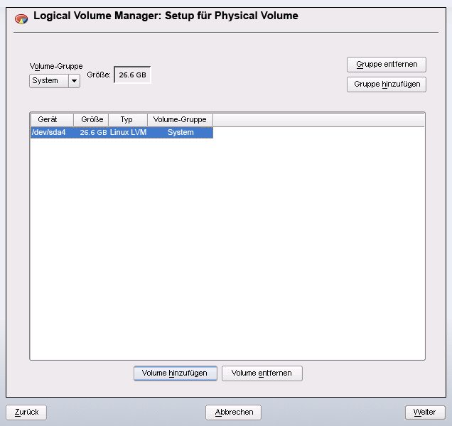 Setup fr physische Volumes